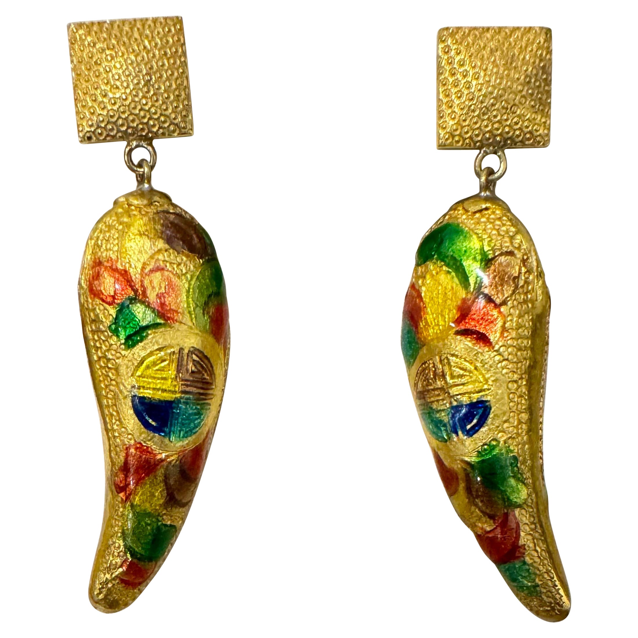 Vintage Enemel  14 Kt Yellow Gold 10.4 Gm  Dangling Earrings, 1.6 Inch Long