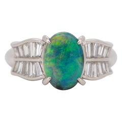 1.51ct Australian Black Opal with Baguette Diamond Ring Platinum 8g+ V1147