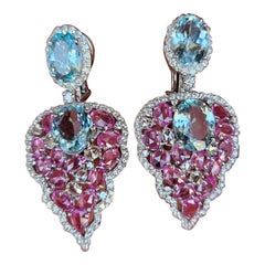 Set in 18K white Gold, Aquamarines, Pink Sapphire & Diamonds Chandelier Earrings