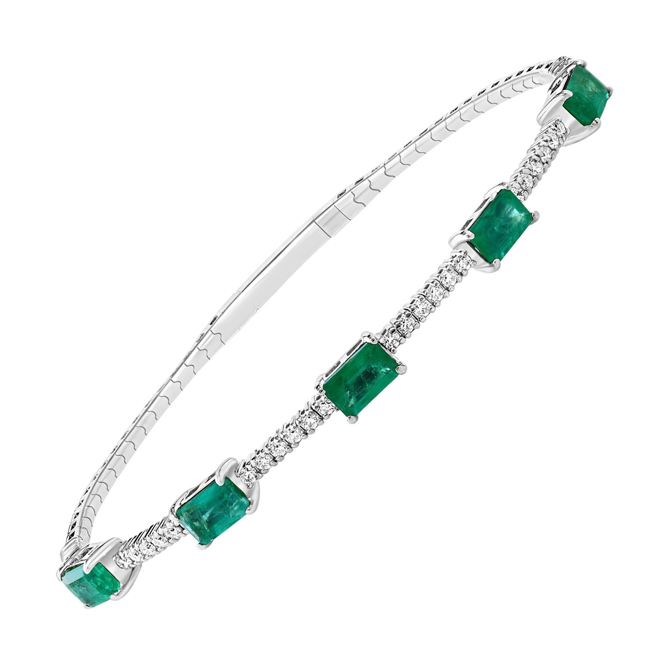 3 Carat Natural Brazilian Emerald & Diamond Bangle Bracelet 14 Karat White Gold