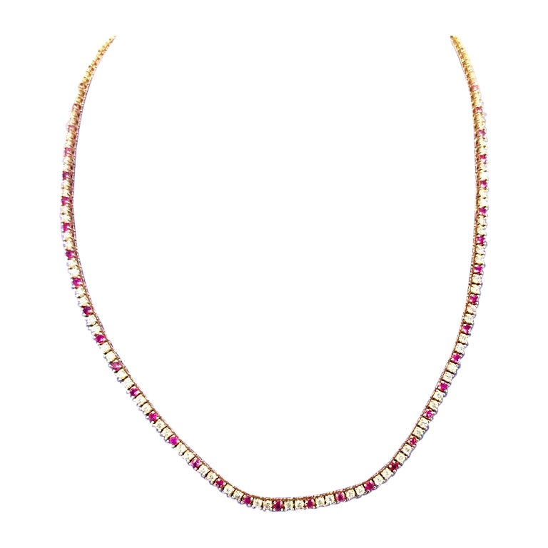 14K Yellow Gold Diamond & Ruby Tennis Necklace 4.82 Carats