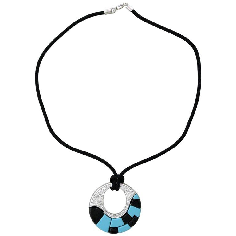 Georland France Onyx Turquoise Diamond Gold Pendant Necklace For Sale