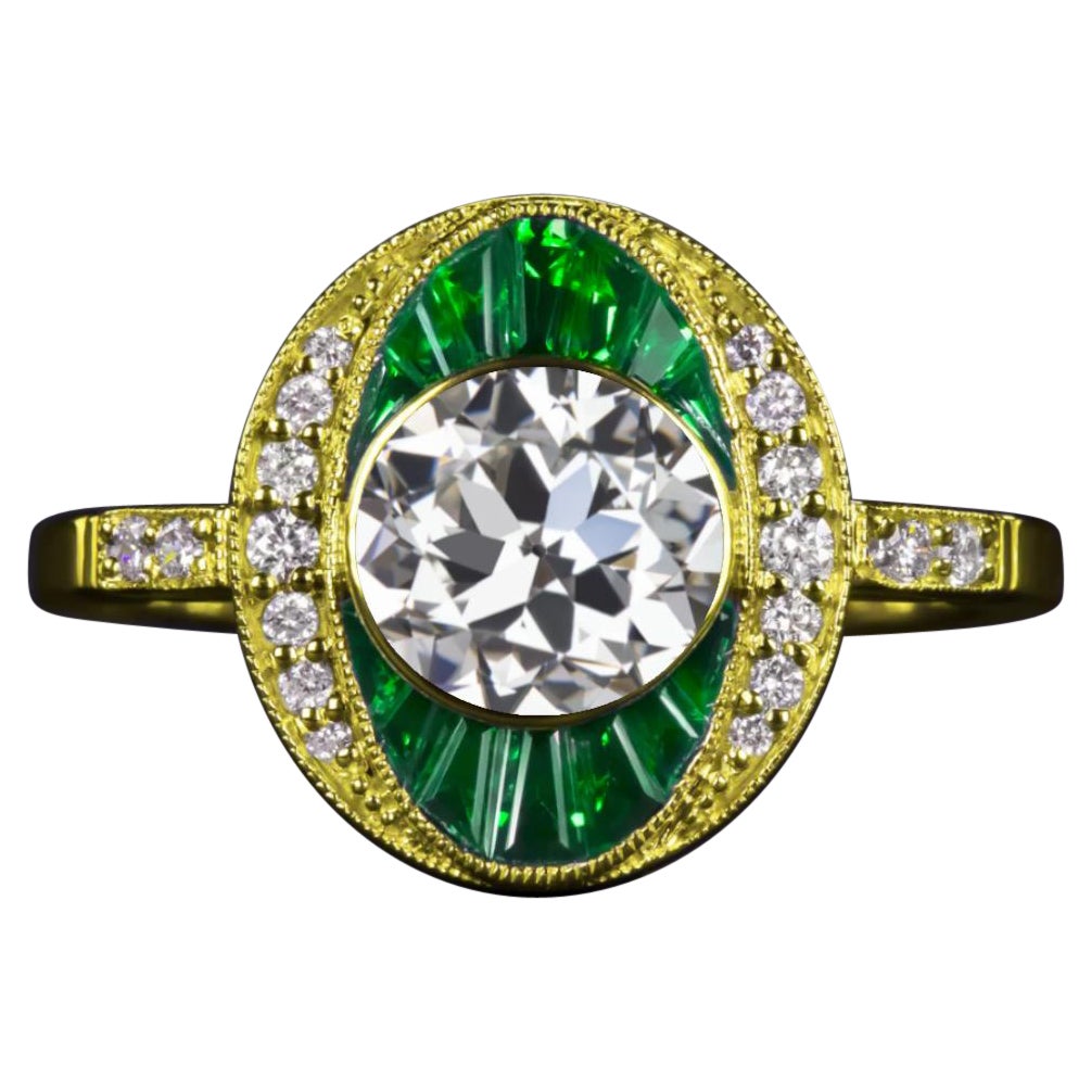 GIA Certified Old European Cut Diamond Art Deco Style Emerald & Diamond Ring For Sale