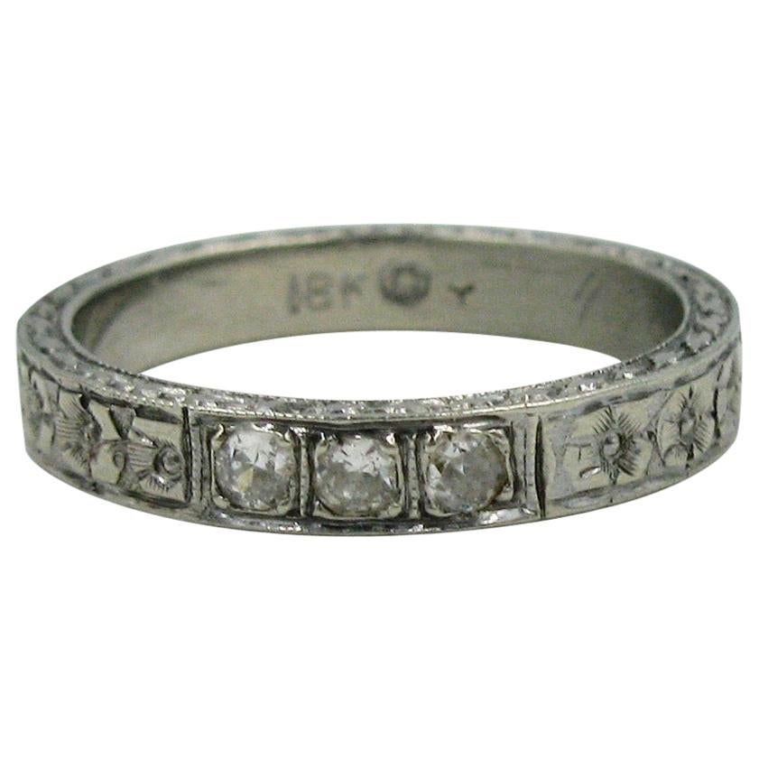 Art Deco Diamond 18 Karat White Gold Wedding Engagement Band Stack Ring Size 5.2