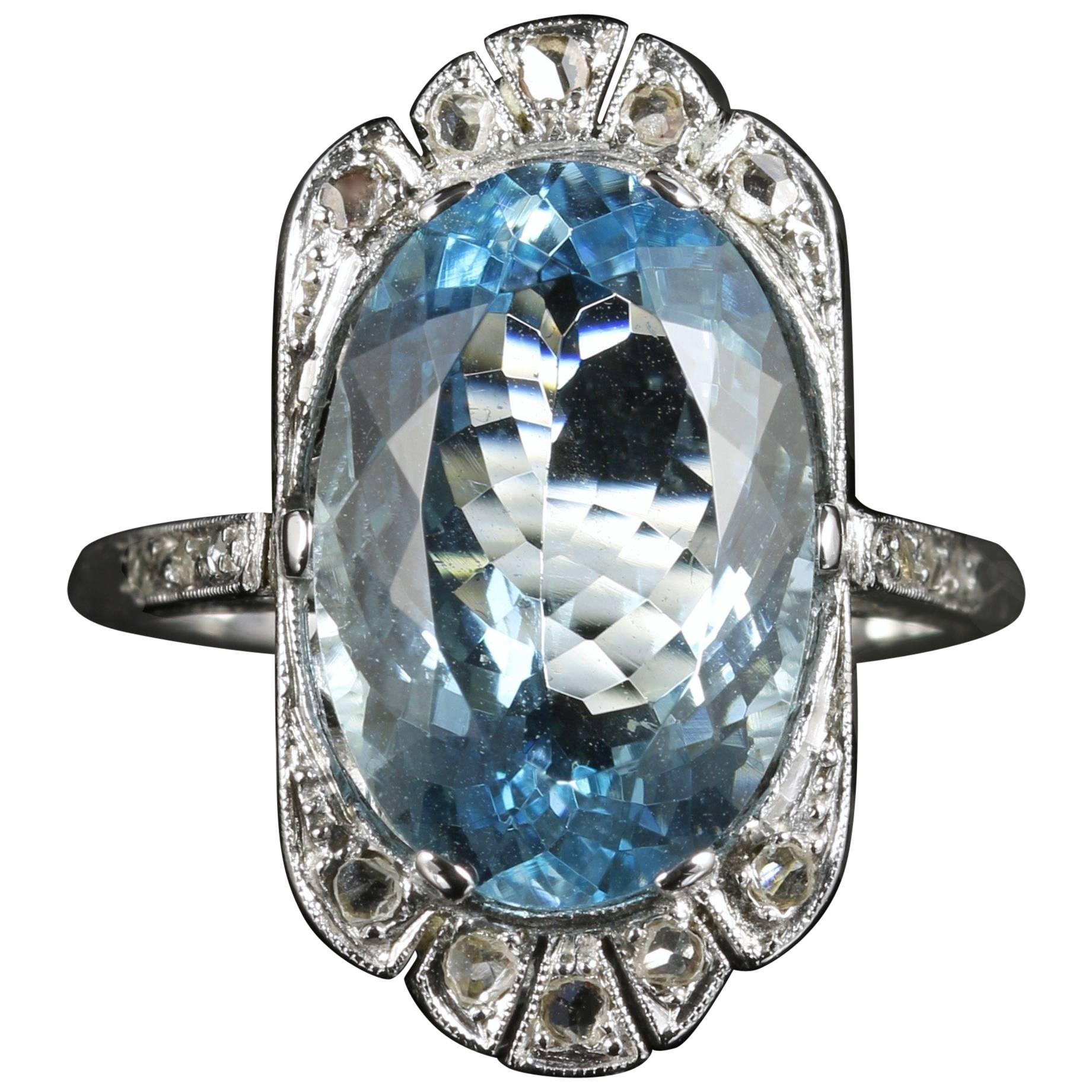 Antique Edwardian Aquamarine Rose Cut Diamond White Gold Ring