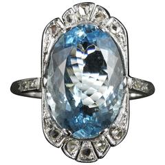 Antique Edwardian Aquamarine Rose Cut Diamond White Gold Ring 9