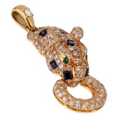 Adler Panther Diamond Sapphire 18k Yellow Gold Pendant Necklace