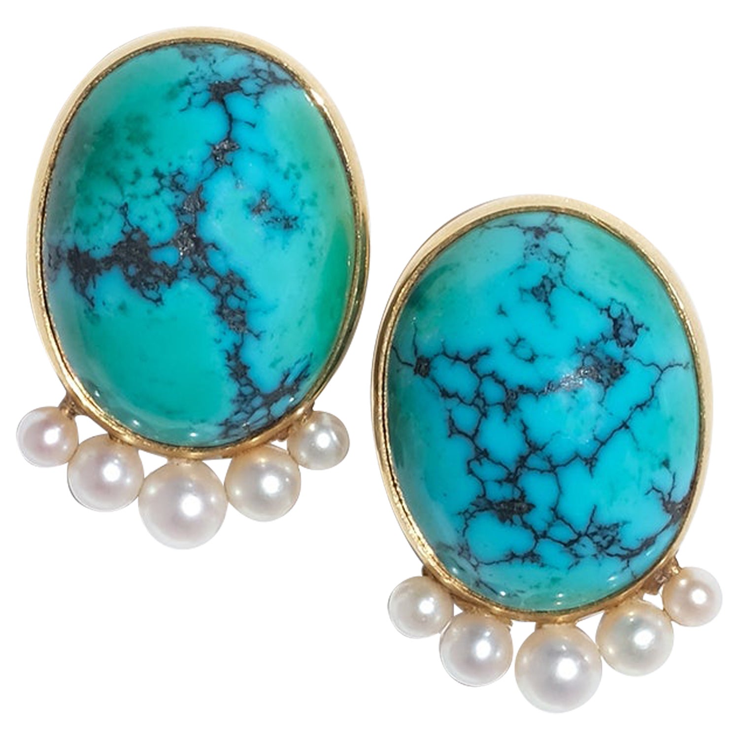 Vintage 18K Gold, Turquoise and Pearl Earrings by Hugo Strömdahl Made 1956 For Sale