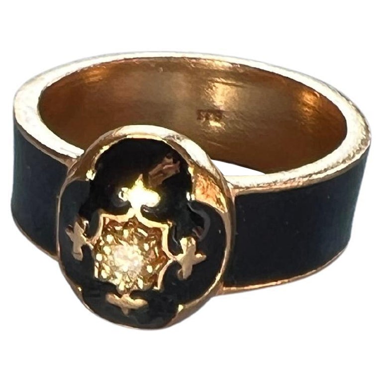 Signet Ring Diamond Ring Gold Black Enamel For Sale
