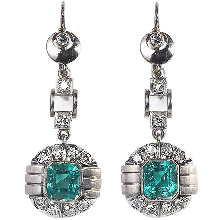 Art Deco Emerald Diamond Earrings at 1stDibs