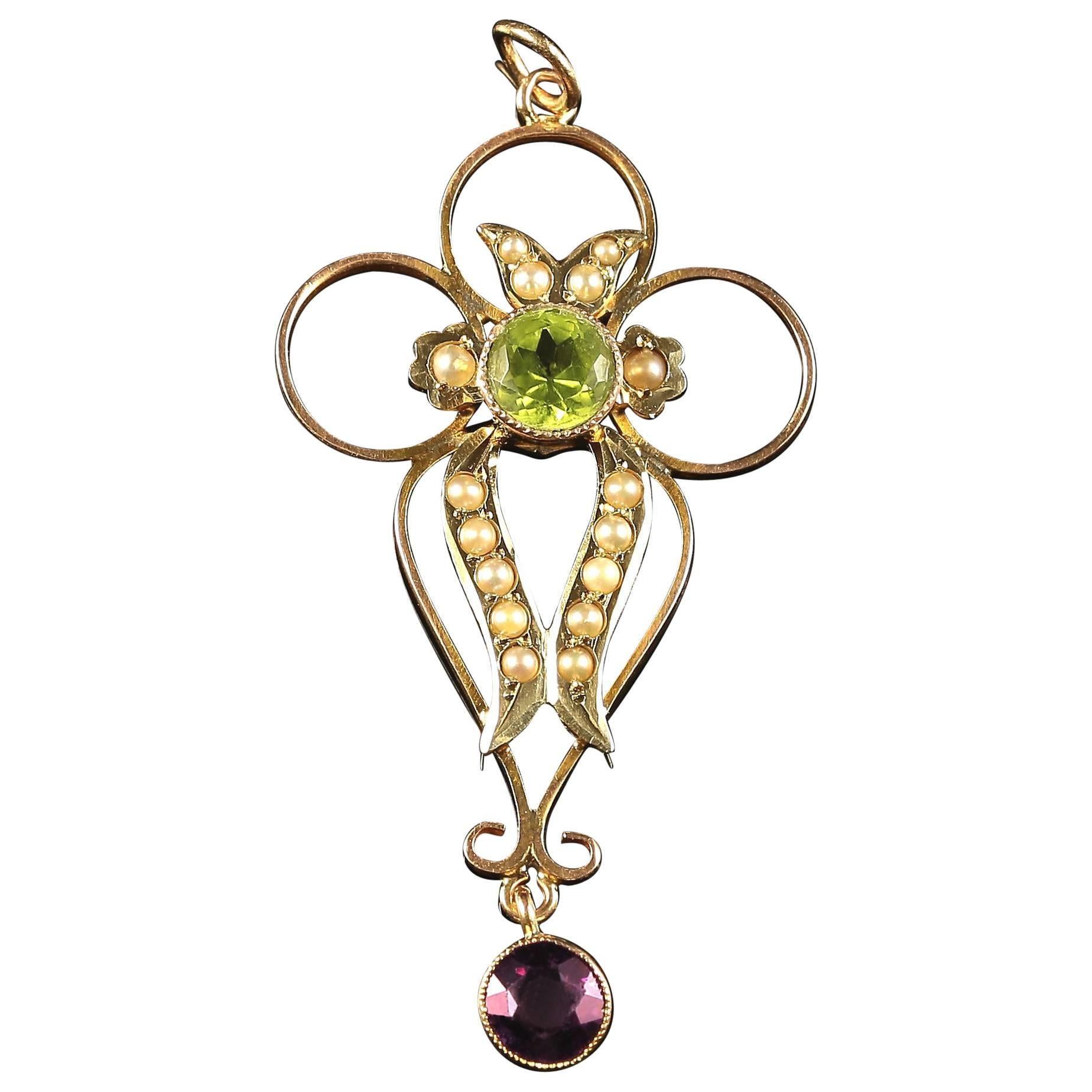 Antique Victorian Suffragette Peridot Amethyst Pearl Pendant circa 1900