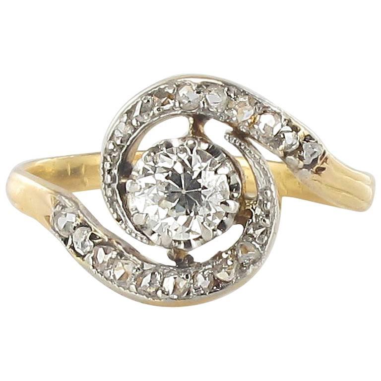1920s French Antique Diamond Gold Platinum Whirl Ring