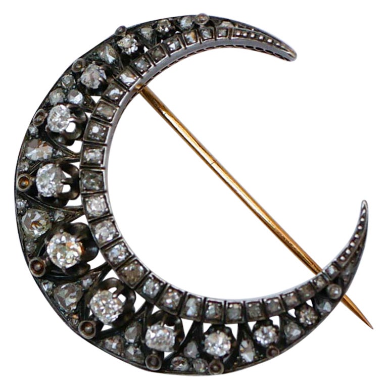 Diamonds, 19th Century 18 Karat and Silver Moon Shaped Brooch