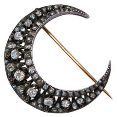 Diamonds, 19th Century 18 Karat and Silver Moon Shaped Brooch