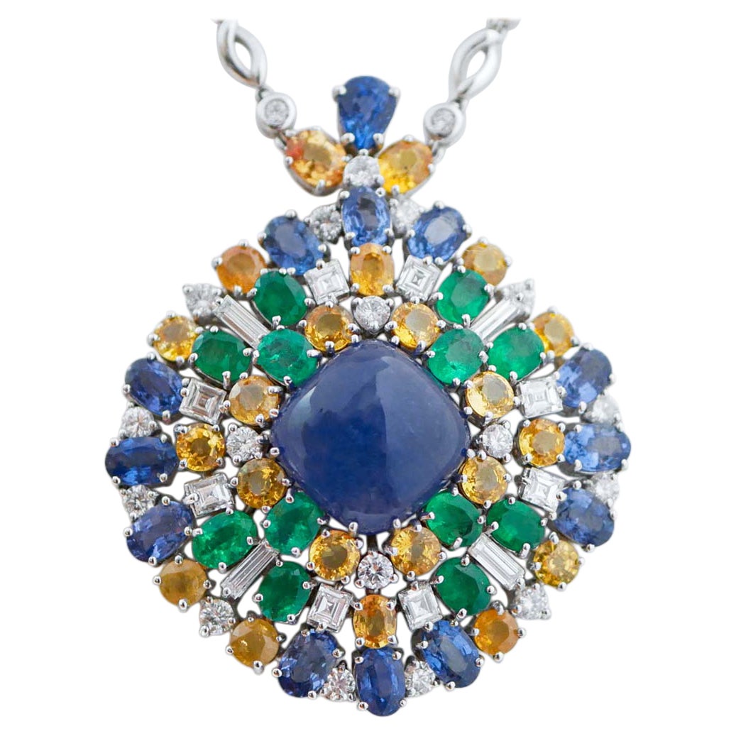 Tanzanite, Sapphires, Emeralds, Diamonds, 18 Karat White Gold Pendant Necklace.