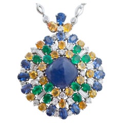 Tanzanite, Sapphires, Emeralds, Diamonds, 18 Karat White Gold Pendant Necklace.