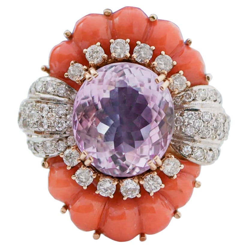 Amethyst, Coral, Diamonds, 14 Karat Rose Gold and White Gold Ring.