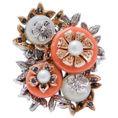 Coral, White Stones, Diamonds, Sapphires, Pearls, 14 Karat White Gold Ring.