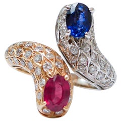 Ruby, Sapphire, Diamonds, 14 Karat Rose Gold and White Gold Snake Ring.
