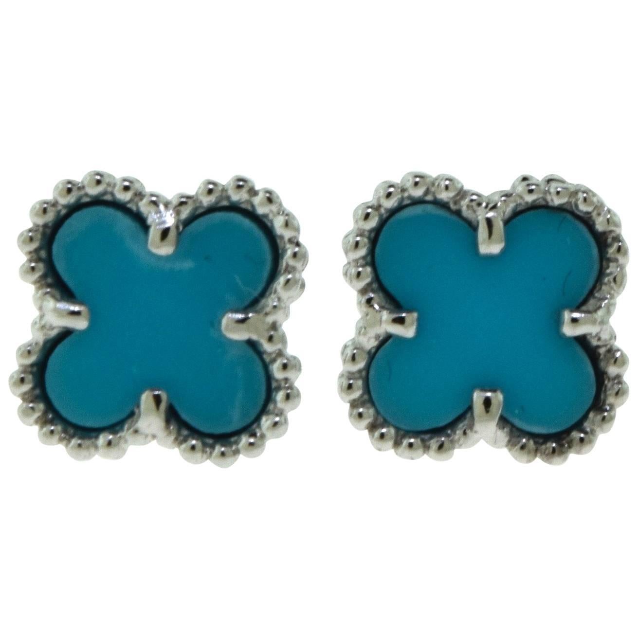 Van Cleef & Arpels Turquoise Sweet Alhambra White Gold Earstuds For Sale