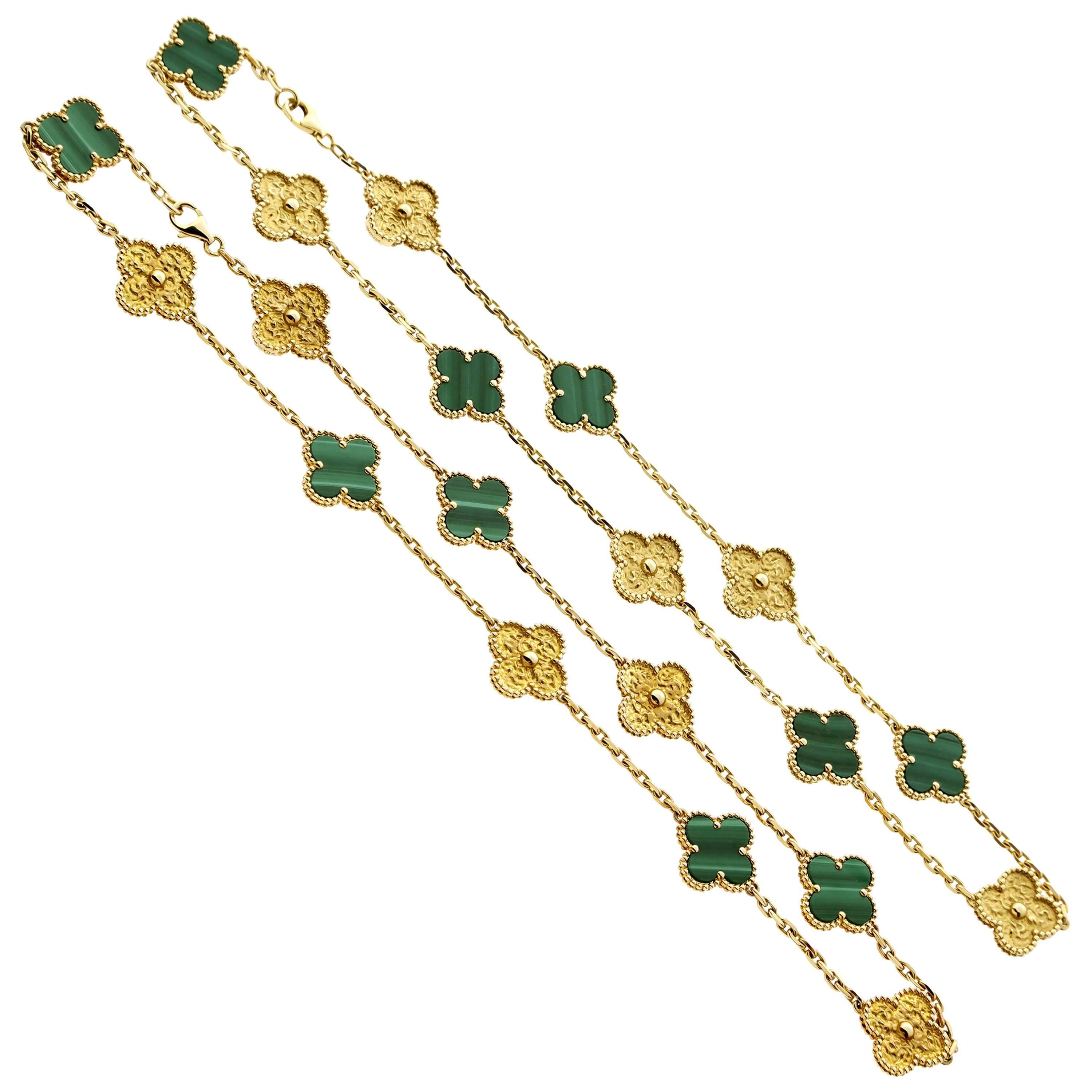 Van Cleef & Arpels Vintage Alhambra Set of Two Malachite Yellow Gold Necklaces