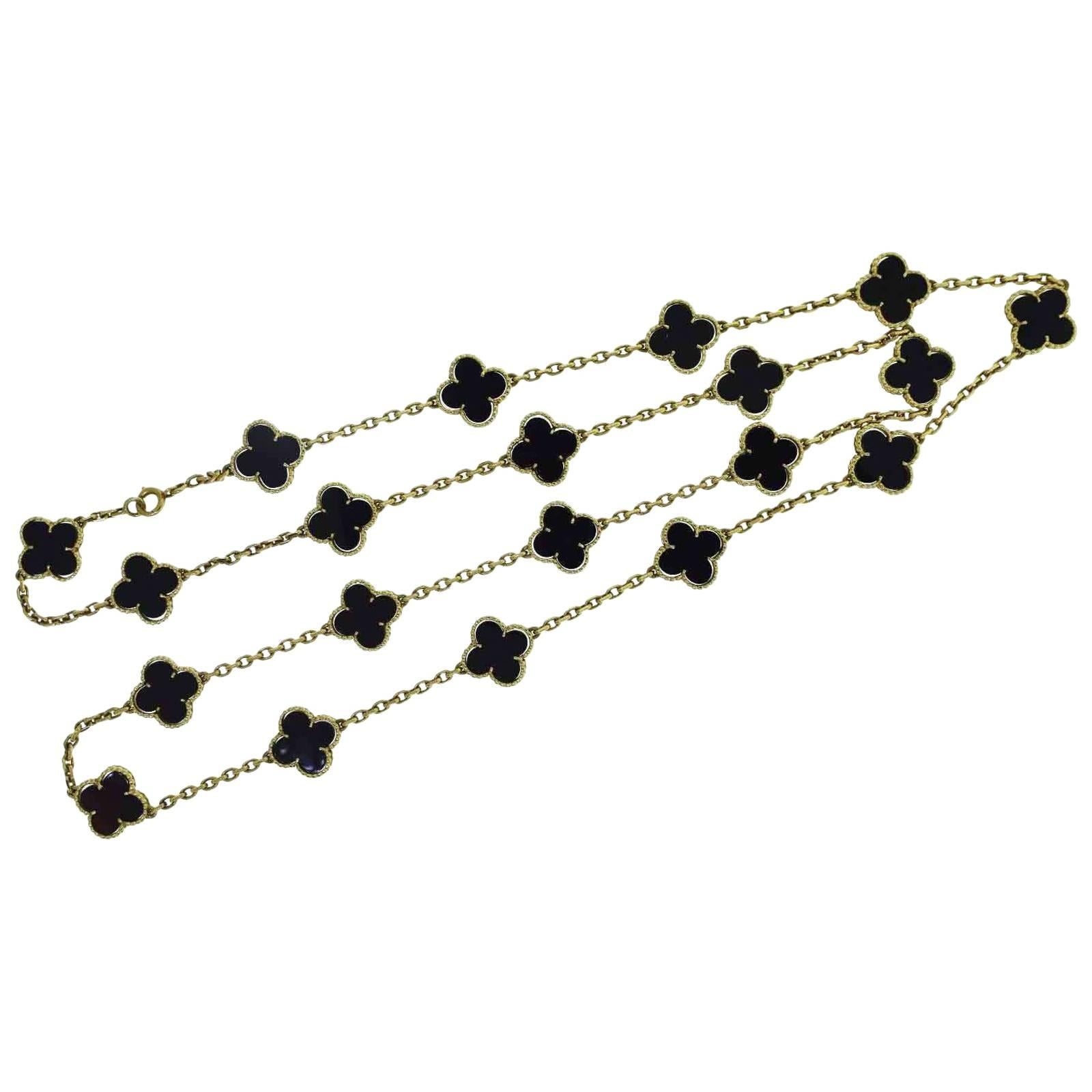 Van Cleef & Arpels Vintage Alhambra Black Onyx Long 20 Motif Necklace