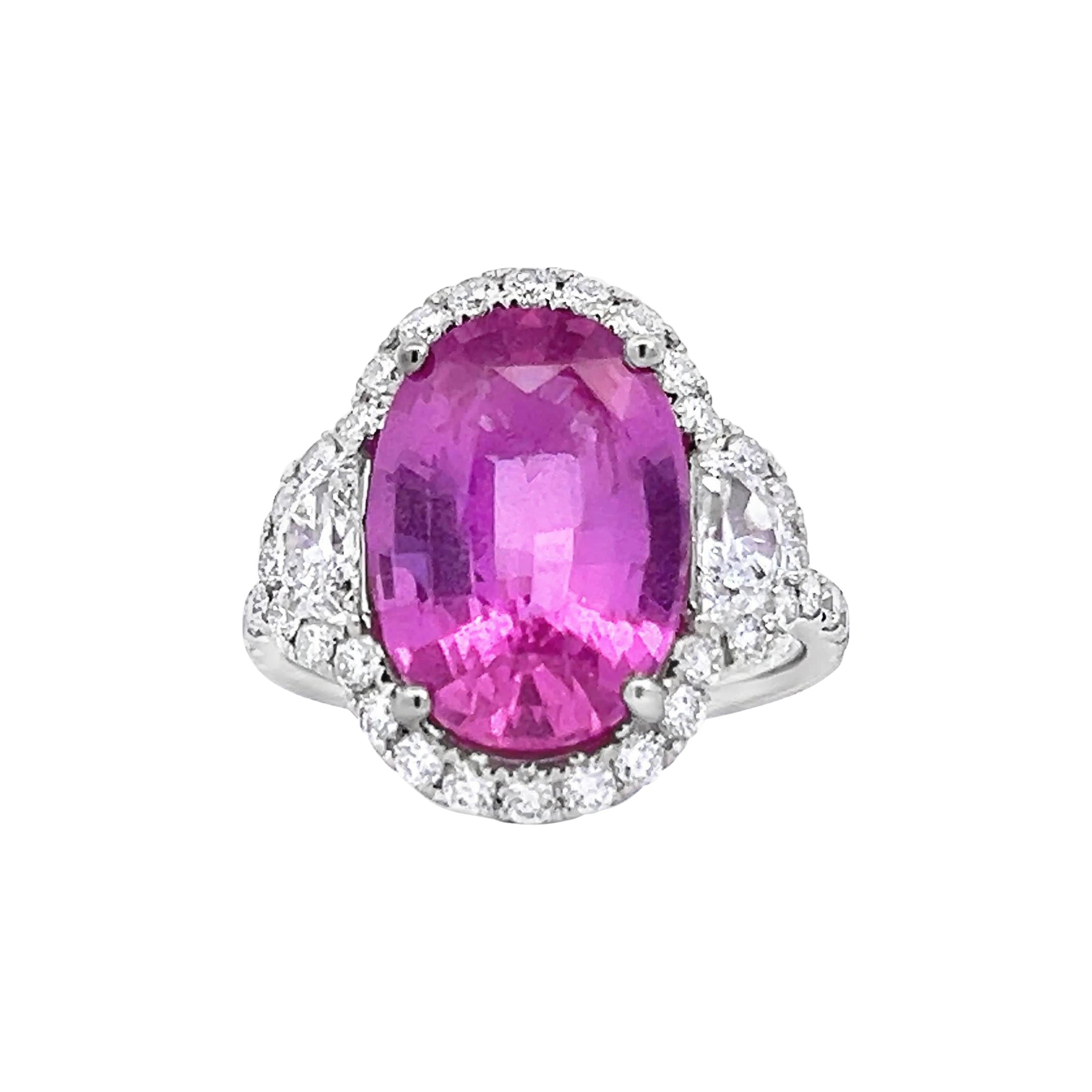 White Gold Ring with Oval Pink Sapphire and Round Brilliant-Cut Diamond Halo