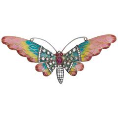 Antique Plique-a-jour Butterfly Diamond Ruby Enamel Brooch