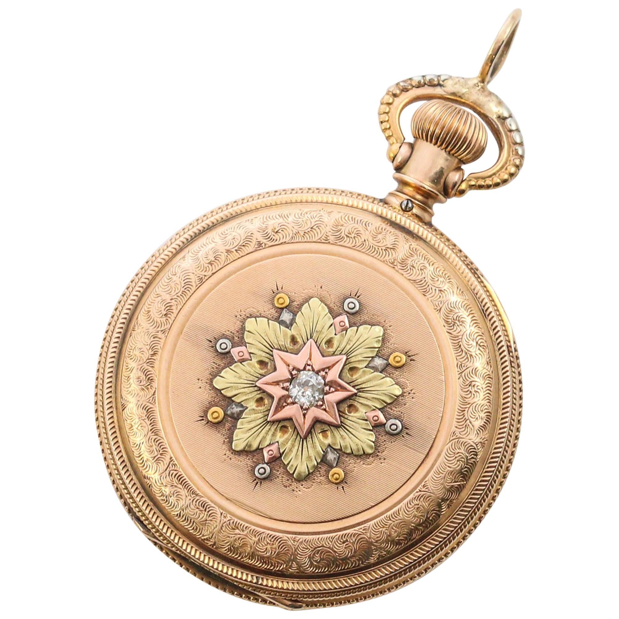 1886 14 Karat Gold Diamond Ladies Pocket Watch Pendant