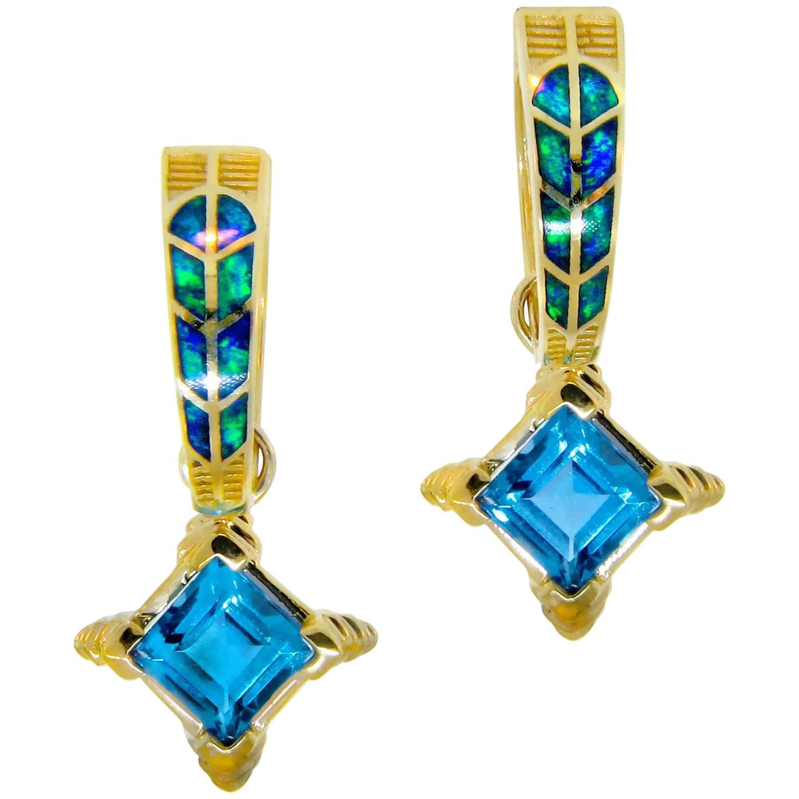 Australian Opal Blue Topaz Gold Hawk Feather Motif Earrings For Sale