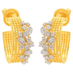 Natural 0.65 Carat Baguette SI/HI Diamond Ball Hoop Earrings 18k Yellow Gold