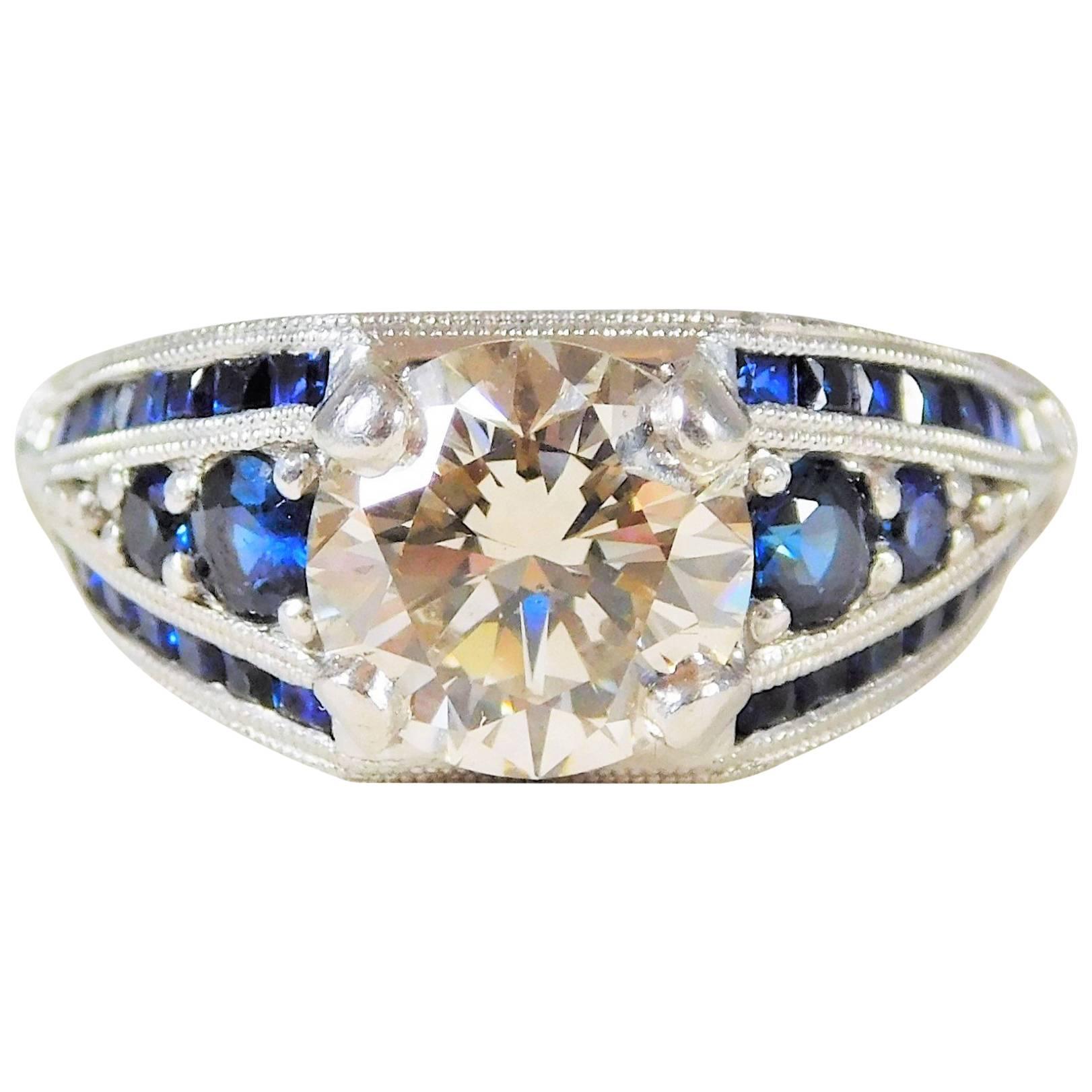 Ornate Custom-Made Sapphire and Champagne Colored Diamond Platinum Ring For Sale