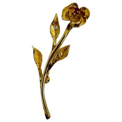 Vintage 14K Gold Floral Brooch with Ruby & Old Mine Cut Diamond