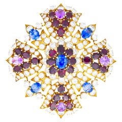 David Webb Multigem and Diamond Floral Gold Brooch