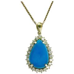 GIA Certified Natural Turquoise and Diamond Pendant with Chain