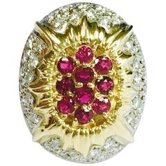 Ruby Diamond Yellow Gold Platinum Sunburst Ring 6