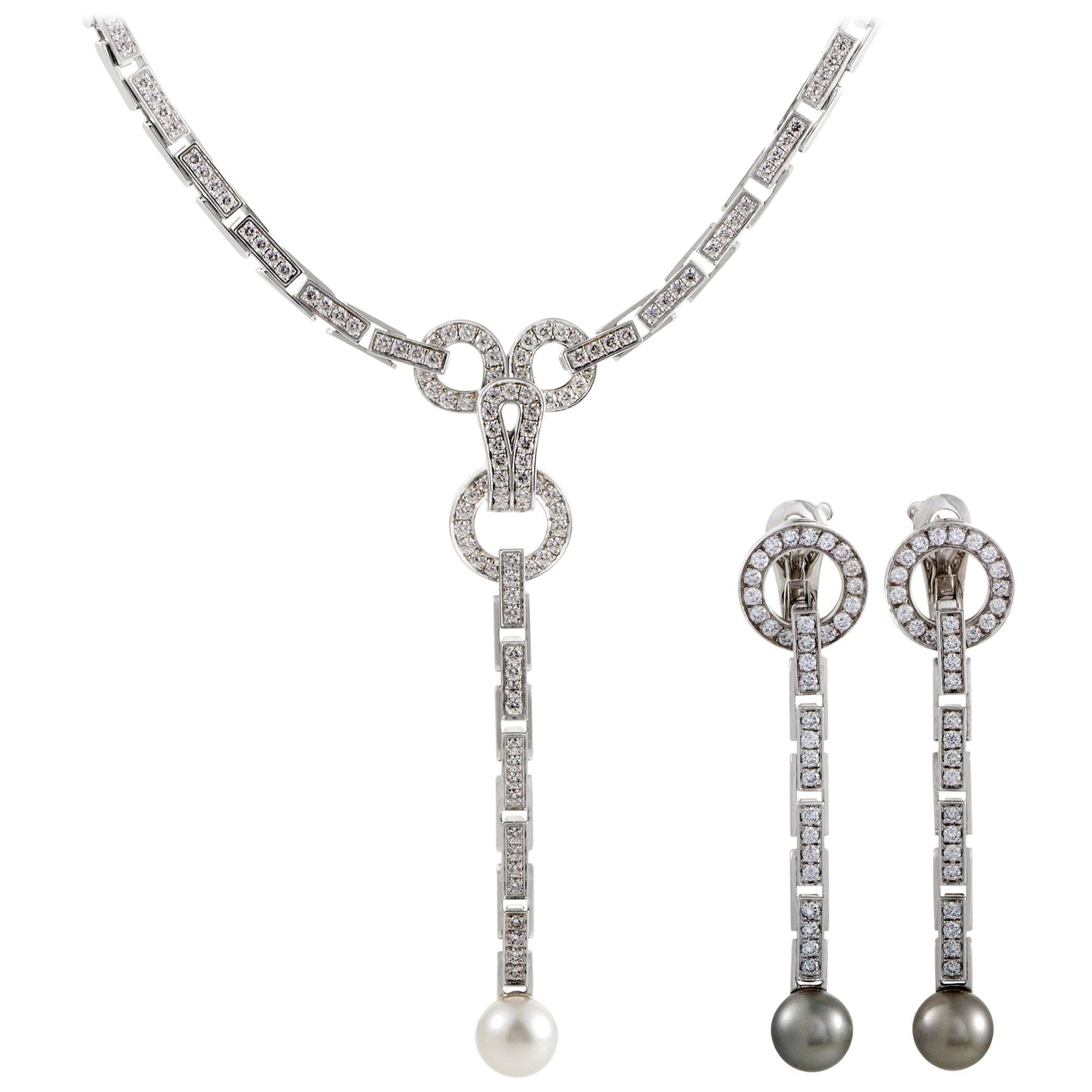 Cartier Agrafe Diamond and Pearl Earring and Necklace Set