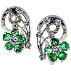 Vintage Emerald Diamond and White Gold Floral Earclips 9