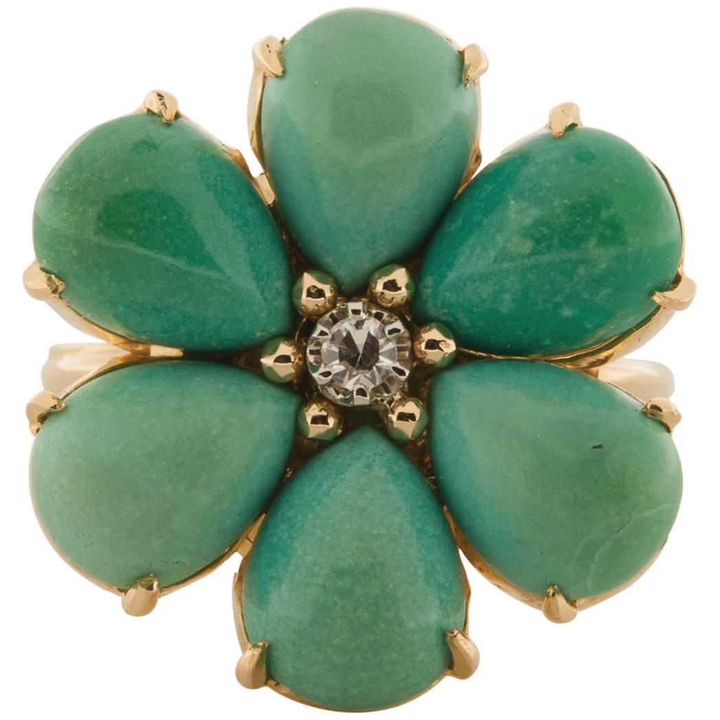 1950s Turquoise Diamond Gold Flower Ring For Sale