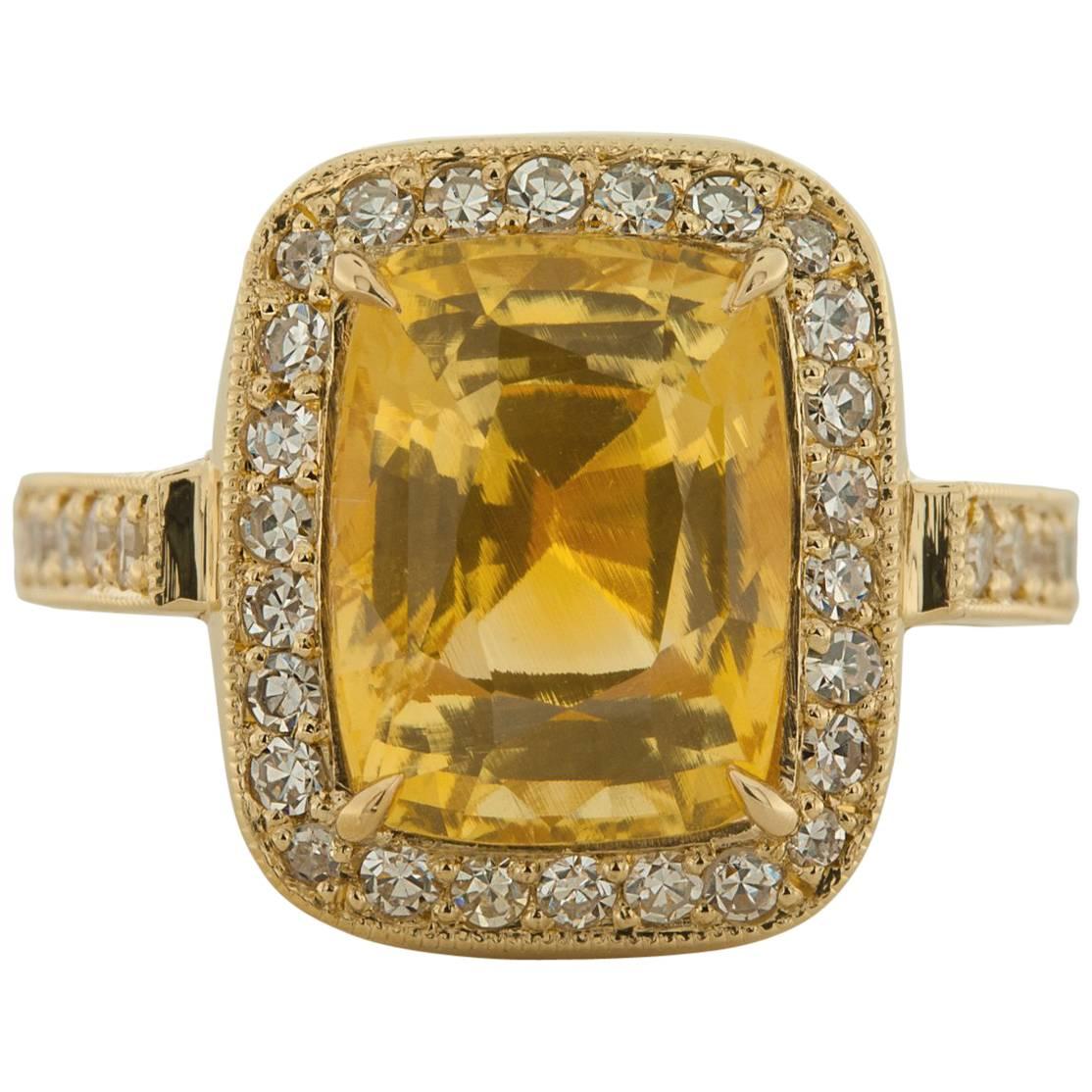GIA Certified 5.60 Carat Yellow Sapphire Diamond Gold Cocktail Ring For Sale