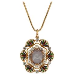 Vintage 1930s 12.00 Carat Star Sapphire, Diamond, Enamel and Pearl Pendant