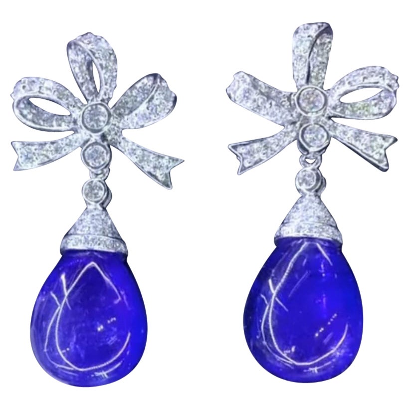 AIG Certified 28.00 Carat  Tanzanite 2.10 Ct Diamonds 18k Gold Floral Earrings
