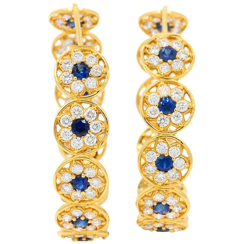 Buddha Mama Sapphire Diamond Gold Continuous Flower Hoop Earrings For Sale