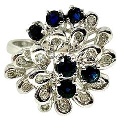 Zafiro Estate Diamante Oro Blanco 18K Anillo de Cóctel en Forma de Flor