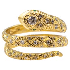 Handcrafted White Brilliant Cut Diamond Tsavorite Yellow Gold "Snake" Ring