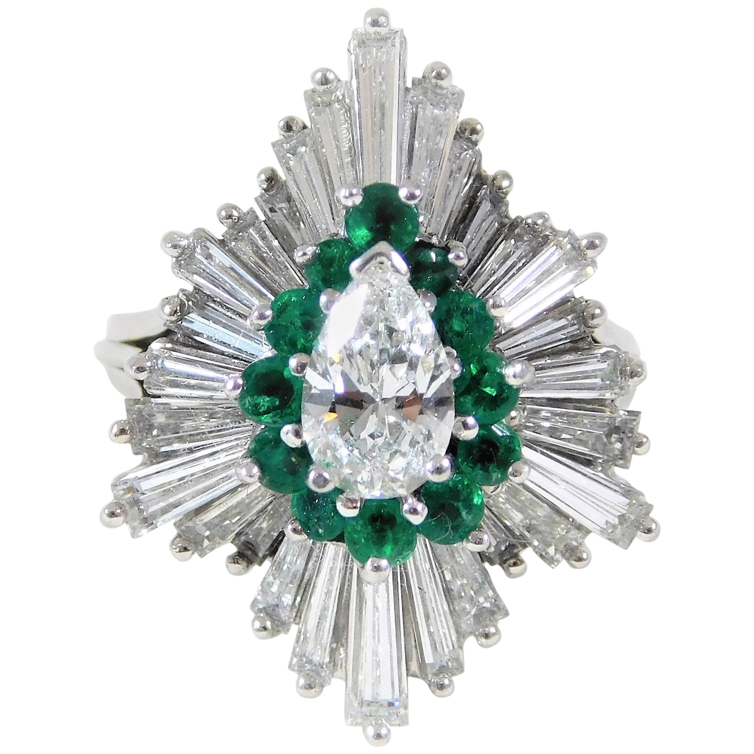 1970s Emerald Diamond white gold Ballerina Ring For Sale