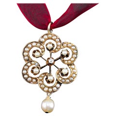Antiguo Collar Victoriano Colgante Diamantes y Perlas Oro 14K - c.1900