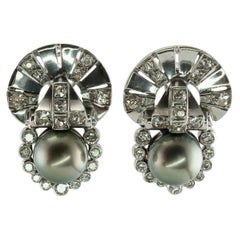 Boucles d'oreilles perle de Tahiti diamant taille ancienne or blanc 14K Art Deco