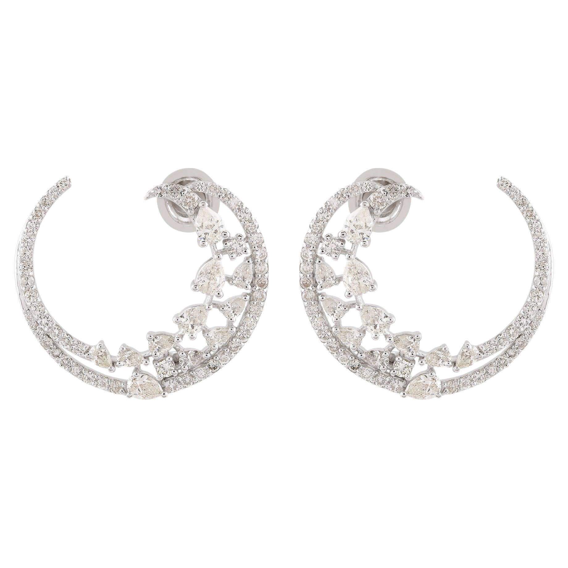 Boucles d'oreilles en or blanc 18k avec diamant naturel SI Clarity HI Color Crescent Moon Hoop Ears