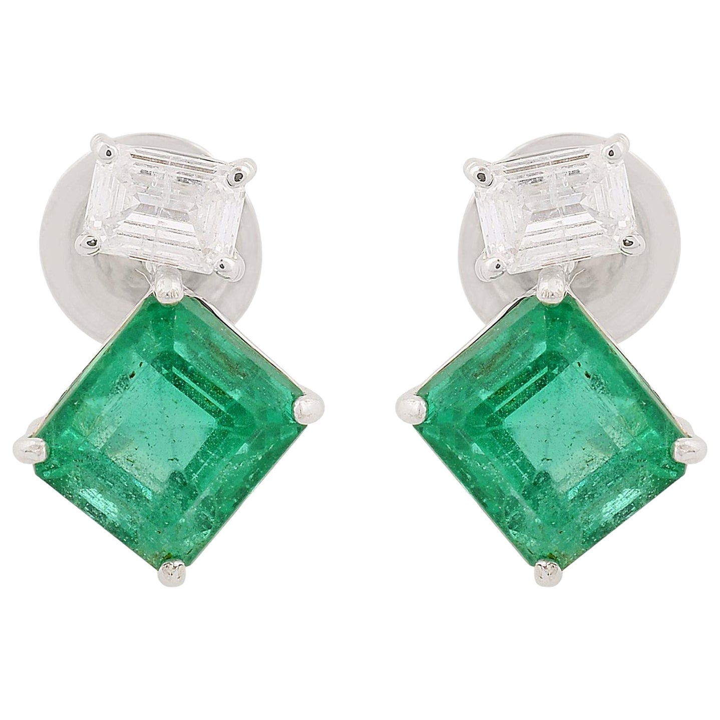3.32 Carat Emerald Stud Earrings 0.60 Carat Diamond 14k White Gold Fine Jewelry For Sale
